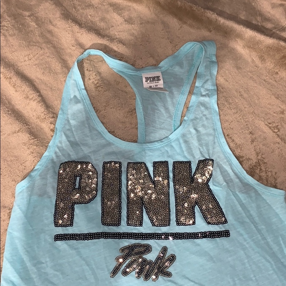Baby blue gold sequence muscle pink tank - Picture 2 of 3